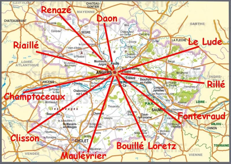 Carte des dix rayons cyclotouristes angevins